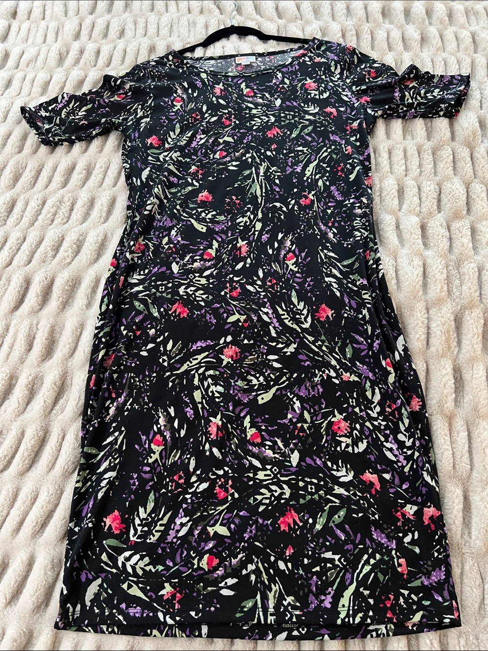 LuLaRoe Julia Black Midi Dress with Pink, Purple & Green Floral Pattern